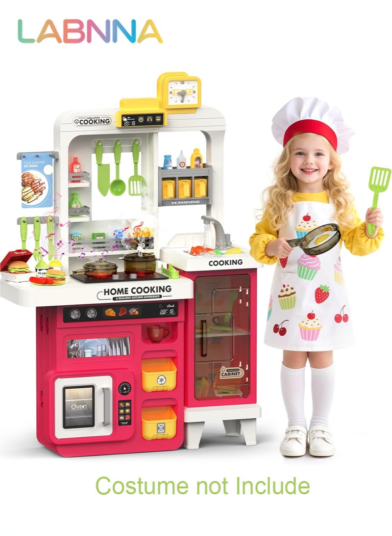 LABNNA 68 PCS Kids Kitchen Playset,Toddler Kitchen Playset for Toddlers 3+ Years, 32.2IN Play Kitchen with Spraying, Light Sound, Cooking Stove, Play Sink, Oven and Toy Kitchen Accessories (Red) - Image 1